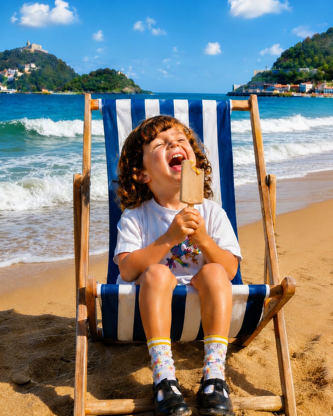 Niña disfrutando un Locopolo en la playa de San Sebastián